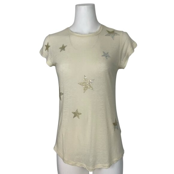 Zadig & Voltaire Tops - Zadig & Voltaire Skinny Stars Strass Tee Shirt Top XS Cream Embellished Linen